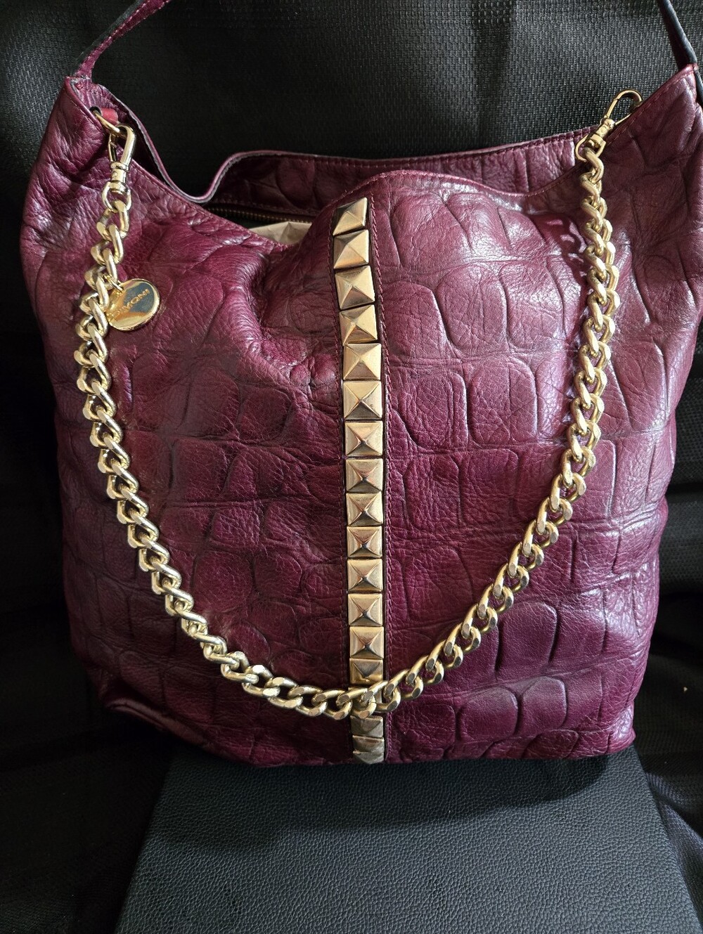 Dimoni Vintage Choco Stud-Trim Croc-Embossed Leather Hobo Bag in Plum/Wine EUC